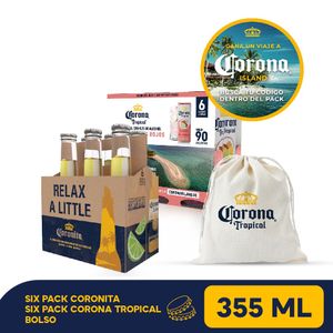 Six pack Coronita Island botella 210 Ml + six pack Corona Tropical Island 355 Ml + bolso