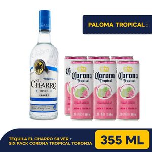 Paloma Tropical: Tequila El Charro Silver 750 Ml + Six Pack lata Corona Tropical Limón & Toronja 355 Ml